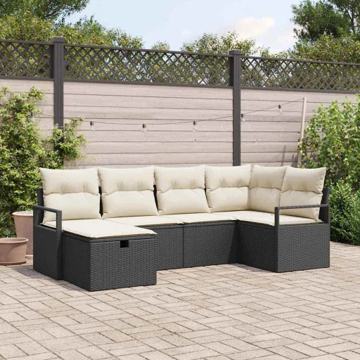Conjunto de Sofá de Jardim com Almofada   Preto Vime PE (6 pcs)