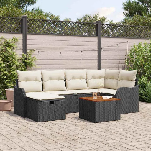 Conjunto de Sofá de Jardim   Preto Rattan Sintético (7 pcs)