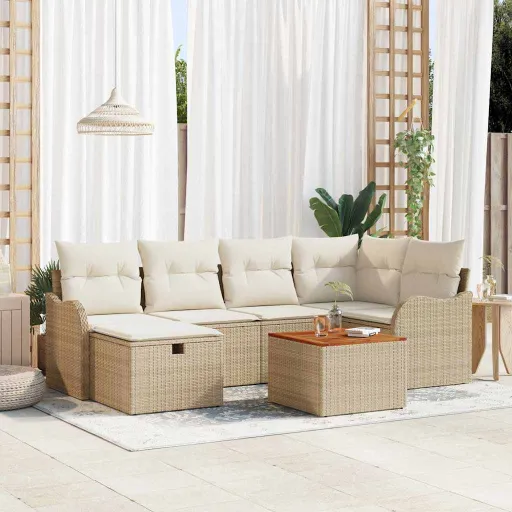 Conjunto de Sofá de Jardim   Bege Rattan Sintético (7 pcs)