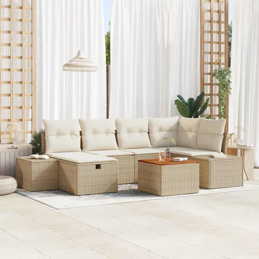 Conjunto de Sofá de Jardim   Bege Rattan Sintético (7 pcs)