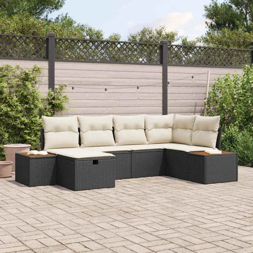 Conjunto de Sofá de Jardim com Almofada Preto Vime PE