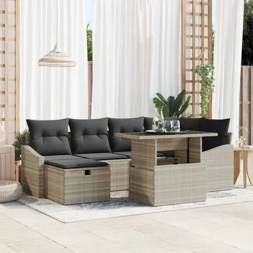 Conjunto de Sofá de Jardim   Cinzento-Claro Vime PE (7 pcs)