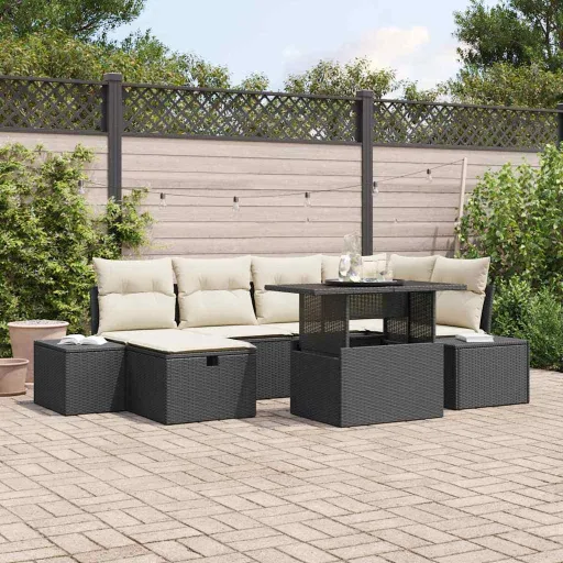 Conjunto de Sofá de Jardim   Preto Vime PE (7 pcs)