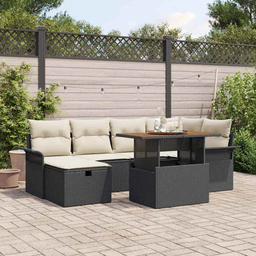 Conjunto de Sofá de Jardim   Preto Vime PE (7 pcs)