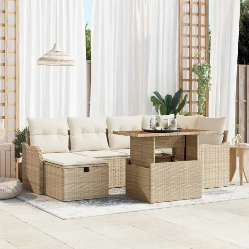 Conjunto de Sofá de Jardim   Bege Vime PE (7 pcs)