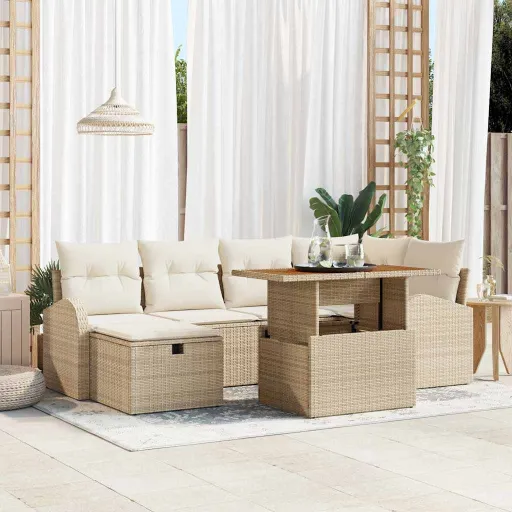Conjunto de Sofá de Jardim   Bege Vime PE (7 pcs)