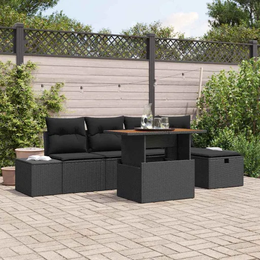 Conjunto de Sofá de Jardim   Preto Vime PE (6 pcs)