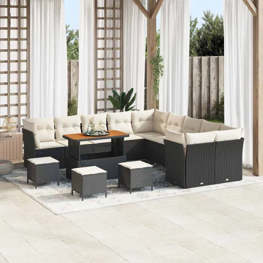 Conjunto de Sofá de Jardim   Preto Vime PE (14 pcs)