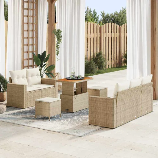 Conjunto de Sofá de Jardim   Bege Vime PE (8 pcs)