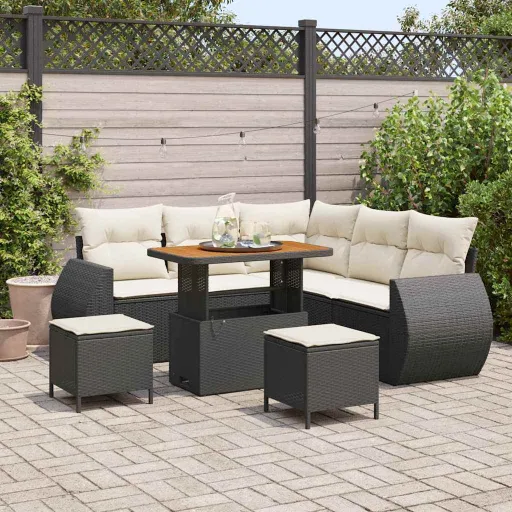 Conjunto de Sofá de Jardim   Preto Vime PE (8 pcs)