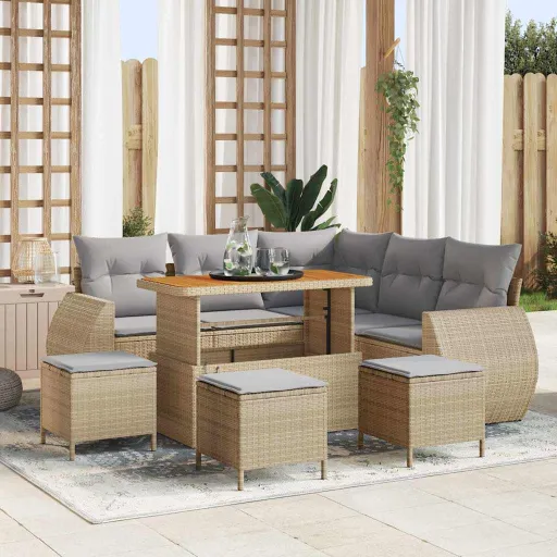 Conjunto de Sofá de Jardim   Bege Vime PE (9 pcs)