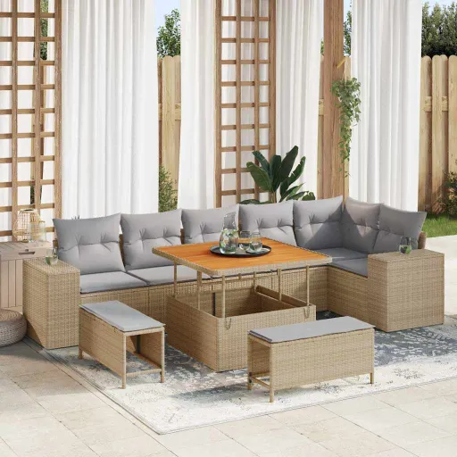 Conjunto de Sofá de Jardim   Bege Vime PE (9 pcs)