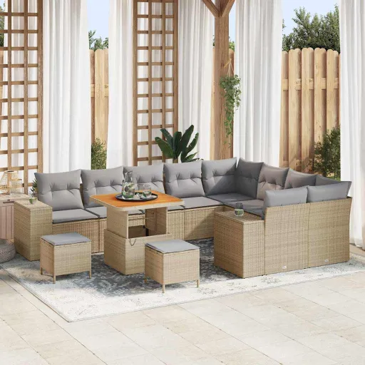 Conjunto de Sofá de Jardim   Bege Vime PE (12 pcs)