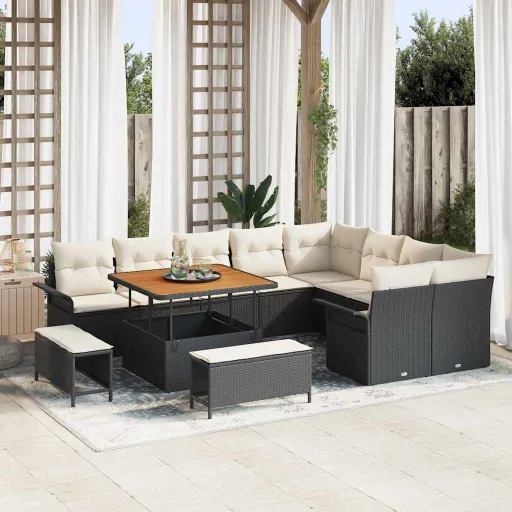 Conjunto de Sofá de Jardim com Almofada   Preto Vime PE (12 pcs)