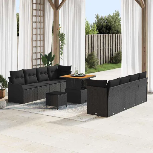Conjunto de Sofá de Jardim com Almofada   Preto Vime PE (11 pcs)