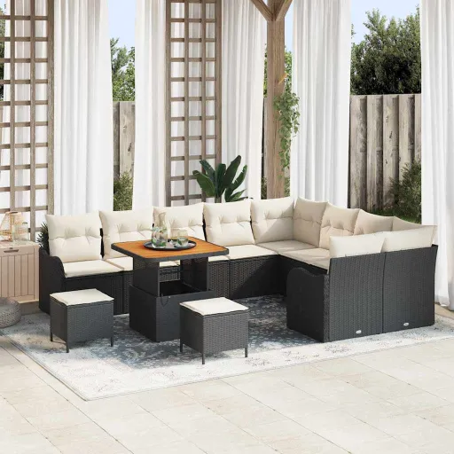 Conjunto de Sofá de Jardim com Almofada   Preto Vime PE (12 pcs)