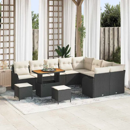 Conjunto de Sofá de Jardim com Almofada   Preto Vime PE (12 pcs)