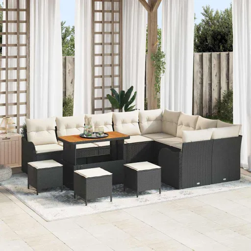 Conjunto de Sofá de Jardim com Almofada   Preto Vime PE (13 pcs)