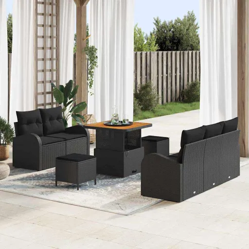 Conjunto de Sofá de Jardim com Almofada   Preto Vime PE (8 pcs)