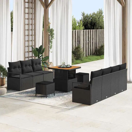 Conjunto de Sofá de Jardim com Almofada   Preto Vime PE (10 pcs)