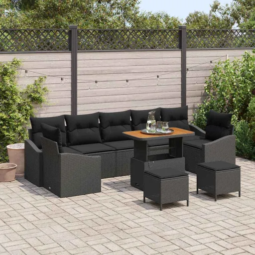 Conjunto de Sofá de Jardim com Almofada   Preto Vime PE (10 pcs)
