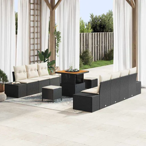 Conjunto de Sofá de Jardim com Almofada   Preto Vime PE (10 pcs)