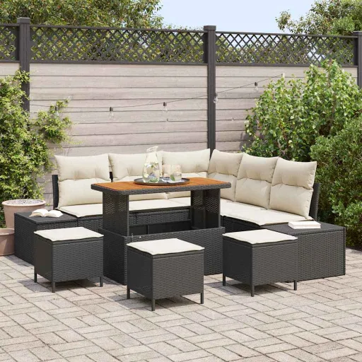 Conjunto de Sofá de Jardim com Almofada   Preto Vime PE (9 pcs)