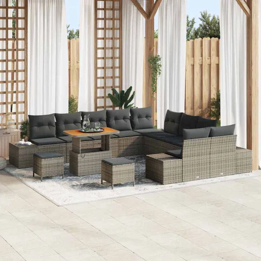 Conjunto de Sofá de Jardim com Almofada   Cinzeto Vime PE (13 pcs)