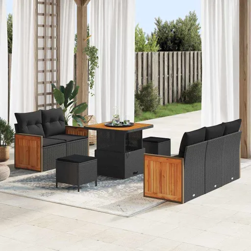 Conjunto de Sofá de Jardim com Almofada   Preto (8 pcs)