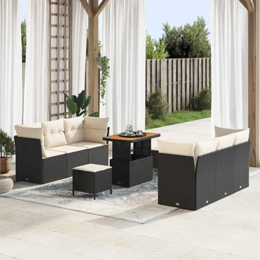Conjunto de Sofá de Jardim   Preto e Creme Vime PE (9 pcs)