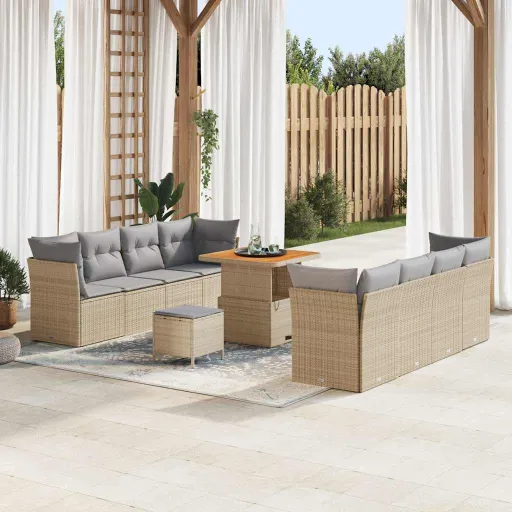 Conjunto de Sofá de Jardim   Bege e Cinza Claro Vime PE (11 pcs)