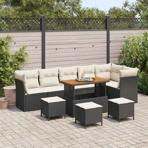 Conjunto de Sofá de Jardim com Almofada   Preto e Creme (10 pcs)