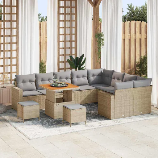 Conjunto de Sofá de Jardim   Bege e Cinza Claro Vime PE (13 pcs)
