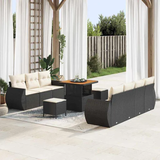 Conjunto de Sofá de Jardim   Preto e Creme Vime PE (10 pcs)