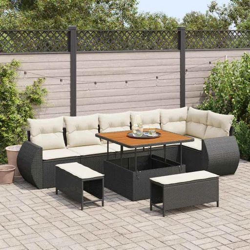 Conjunto de Sofá de Jardim com Almofada   Preto e Creme (9 pcs)
