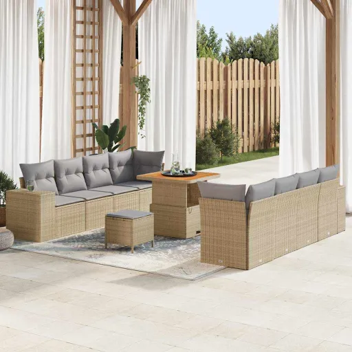 Conjunto de Sofá de Jardim   Bege e Cinza Claro Vime PE (11 pcs)
