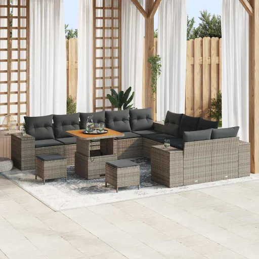 Conjunto de Sofá de Jardim com Almofada   Cinzeto Vime PE (13 pcs)