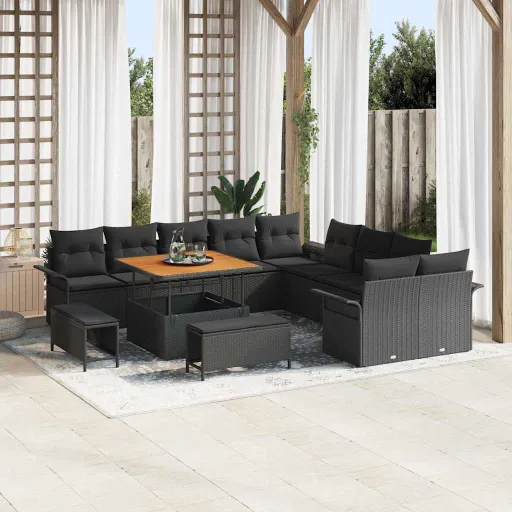 Conjunto de Sofá de Jardim com Almofada   Preto (13 pcs)