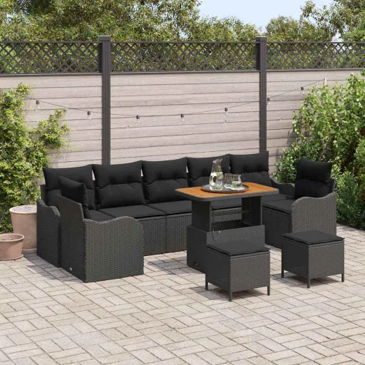 Conjunto de Sofá de Jardim com Almofada   Preto (10 pcs)