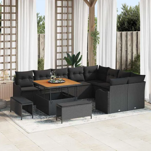 Conjunto de Sofá de Jardim com Almofada   Preto (12 pcs)