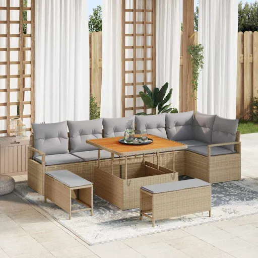 Conjunto de Sofá de Jardim   Bege e Cinza Claro (9 pcs)