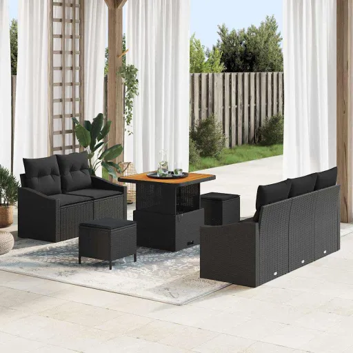 Conjunto de Sofá de Jardim com Almofada   Preto (8 pcs)