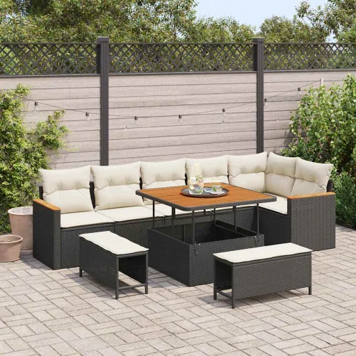 Conjunto de Sofá de Jardim   Preto Rattan Sintético (9 pcs)