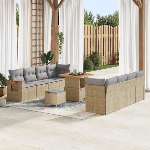 Conjunto de Sofá de Jardim   Bege e Cinza Claro Vime PE (12 pcs)