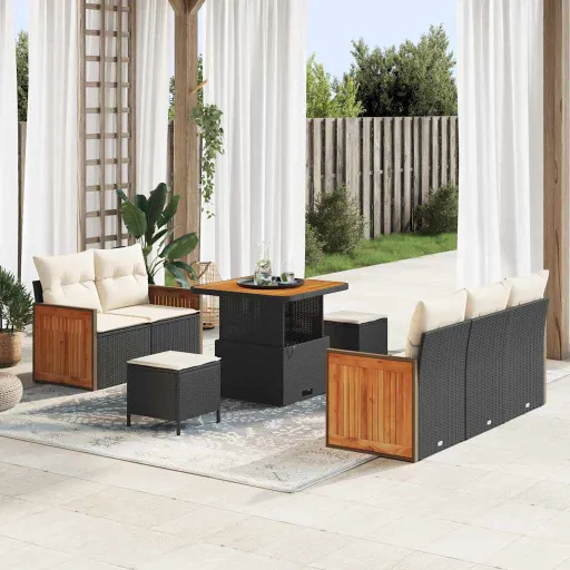 Conjunto de Sofá de Jardim   Preto e Creme Vime PE (10 pcs)