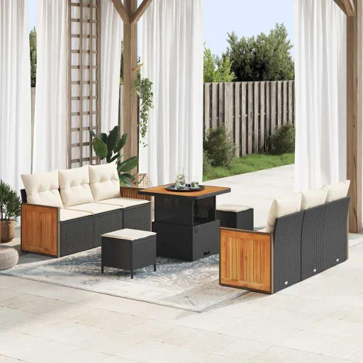 Conjunto de Sofá de Jardim   Preto e Creme Vime PE (11 pcs)
