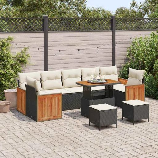 Conjunto de Sofá de Jardim   Preto e Creme Vime PE (13 pcs)