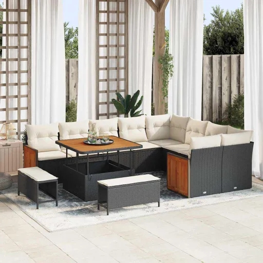 Conjunto de Sofá de Jardim   Preto e Creme Vime PE (13 pcs)