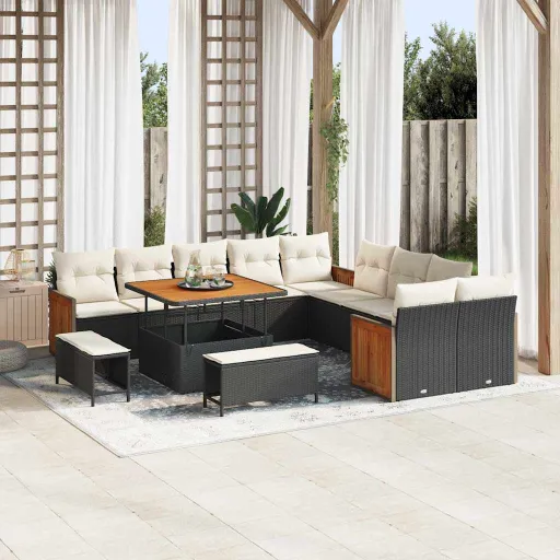 Conjunto de Sofá de Jardim   Preto e Creme Vime PE (17 pcs)
