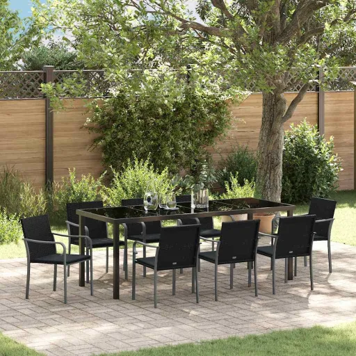 Conjunto de Jantar para Jardim   Preto e Cinza Rattan de PE (9 pcs)